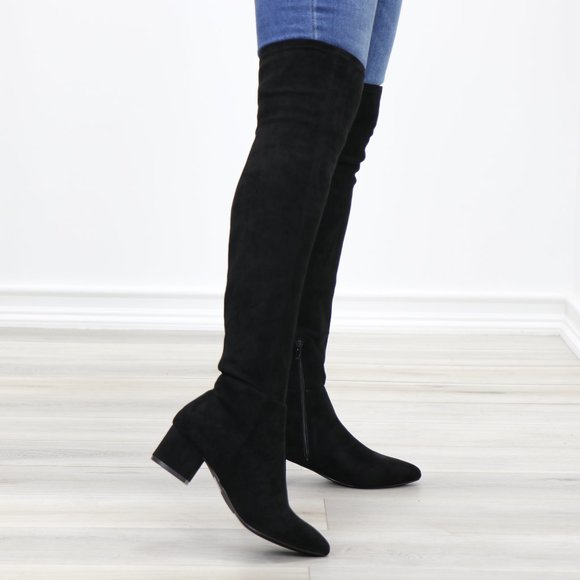 Pointy Toe Over The Knee Black Boots Faux Suede - Picture 11 of 16